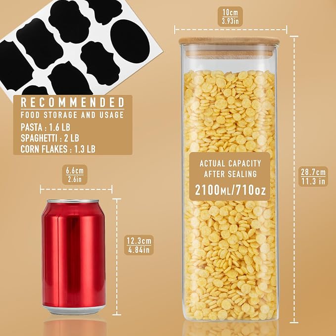 D2scrma 71oz Glass Square Storage Containers with Bamboo Lids Set of 3 (2100ml) Tall Food Storage Canisters Kitchen Jars for Pantry Organization Pasta, Penne, Macaroni, Lasagna, Fusilli