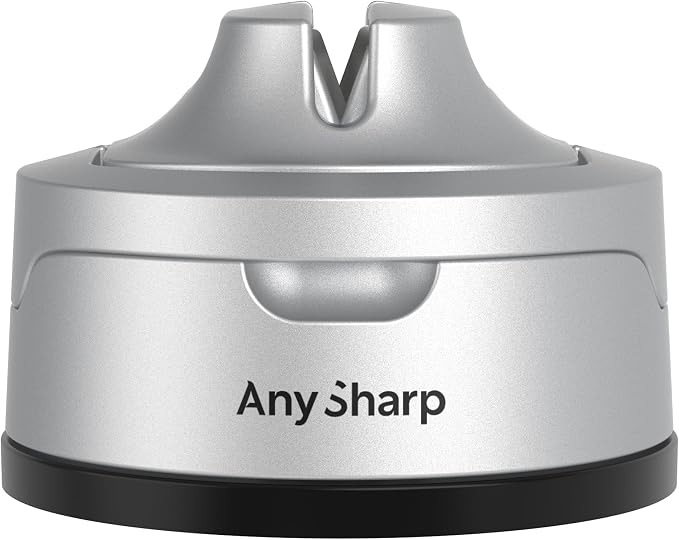 AnySharp – Evo – Hands Free Knife Sharpener - Easy to Use Sharpening Tool with Improved PowerGrip Suction Base and 20-Deg Pre-Set Angle - for All Knives: Chef's, Serrated, and Hardened Steel - Silver