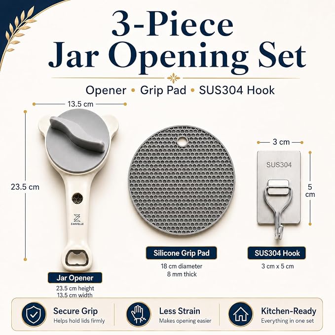 Jar Opener for Seniors with Arthritis & Weak Hands, 4-in-1 Adjustable Lid & Bottle Opener Set with Non-Slip Silicone Grip Pad & Stainless Steel Hook, Easy Twist Kitchen Gadget for Elderly (Grey)