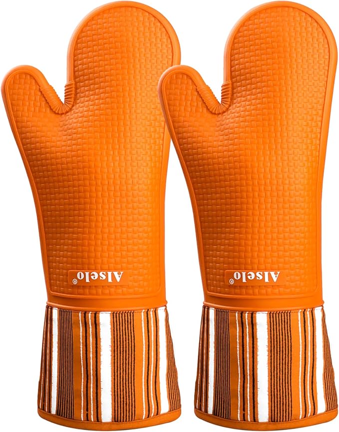 Alselo Oven Mitts Heat Resistant Silicone Kitchen Gloves for 550 Degrees with Waterproof and Non-Silp, Oven Gloves for Baking Cooking Barbecue Microwave Machine Washable (Extra Long Orange, 2)