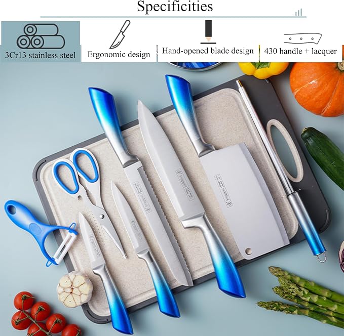 Kitchen Knife Set, 9Pcs Blue Knife Set with Rotation Block, Ergonomical Handle,Non Stick Sharp Stainless Steel Chef Knife Block Set for Home Cooking Gift