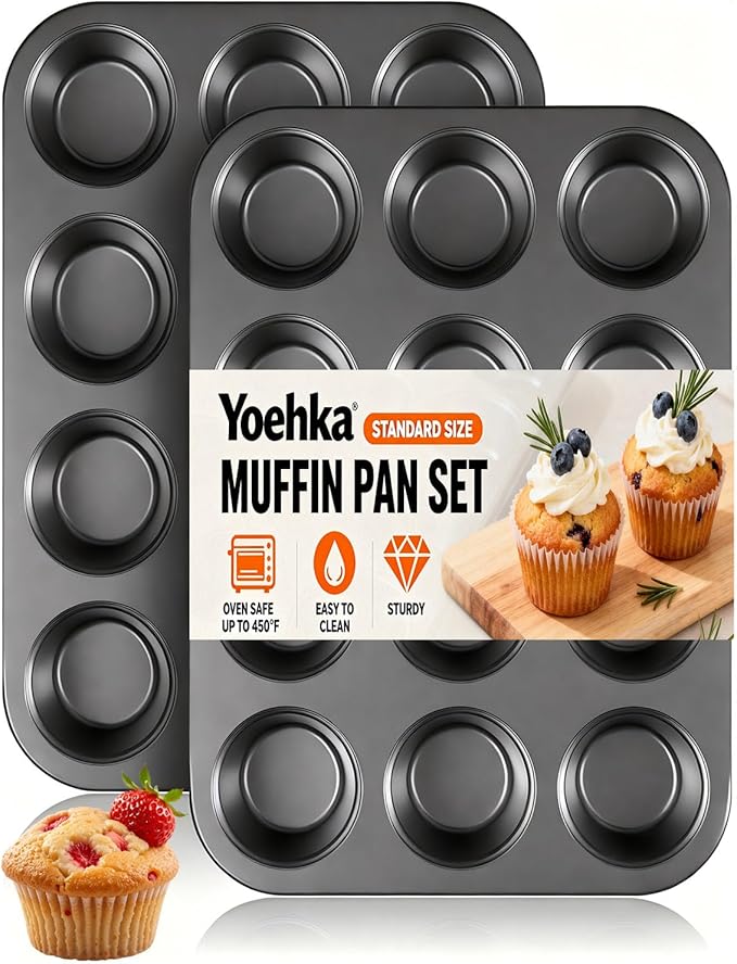 Yoehka 2 Pack Muffin Pan for Baking, Non-stick Cupcake Pan Set, Black | Standard 12-Cups Muffin Tin for Baking Cupcakes, Carbon Steel Baking Supplies