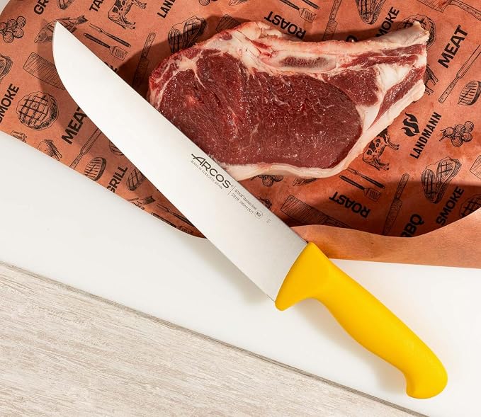 Arcos Butcher Knife 10 Inch Nitrum Stainless Steel and 250 mm blade. Professional Cooking Knife For Cutting Meat, Fish and Vegetables. Ergonomic Polyoxymethylene Handle. Series 2900. Color Yellow