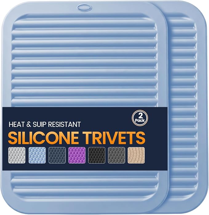 Silicone Trivet Mats 2 Heat Resistant Pot Holders Multipurpose Non-Slip Hot Pads for Kitchen Potholders, Drying mat, Jar Opener, Spoon Holder, Coaster(Sky Blue)