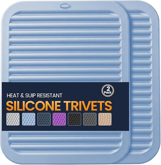 Silicone Trivet Mats 2 Heat Resistant Pot Holders Multipurpose Non-Slip Hot Pads for Kitchen Potholders, Drying mat, Jar Opener, Spoon Holder, Coaster(Sky Blue)