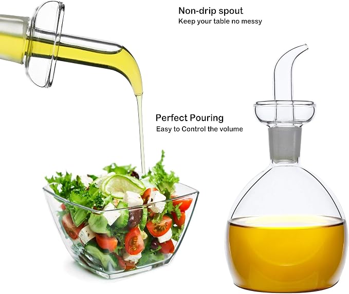 10 oz / 300 ml Clear Glass Olive Oil Dispenser Bottle - Oil & Vinegar Cruet with Pourers and NO Funnel Needed - Olive Oil Carafe Decanter for Kitchen and BBQ