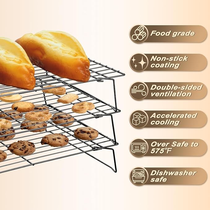 Pleafind Stackable Cooling Rack Set - 3 Pieces 16 x 10 Inch Stainless Steel Roasting Rack, Heavy Duty Cooling Racks for Cooking and Baking, Oven and Dishwasher Safe Bacon Rack, Black