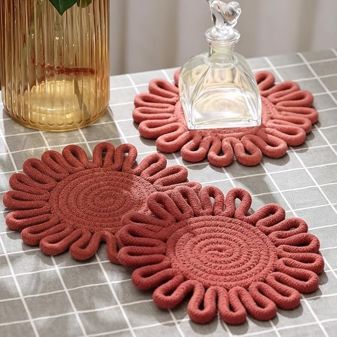 Kitchen Trivets for Hot Dishes Potholders for Countertop Hot Pads Hot Mats or Trivets for Hot Pots and Pans Home Essentials Boho Farmhouse Kitchen Decor Set of 3, 100% Cotton,7.5" (Brick-Red)