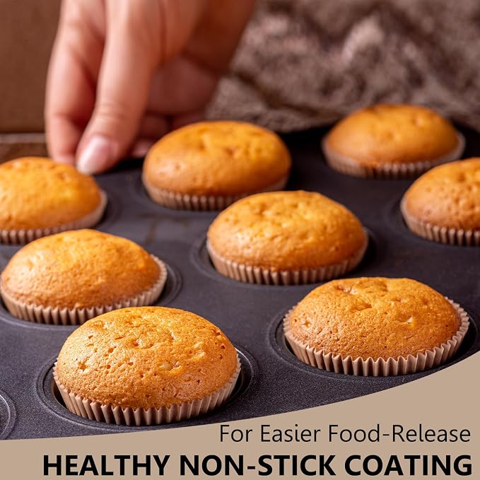 4 Pack Muffin Pan for Baking, Standard Cupcake Pan with 200 Natural Cupcake Liners, Muffin Tin Nonstick 12 Cup, Carbon Steel Muffin Cupcake Tary Baking Supplies