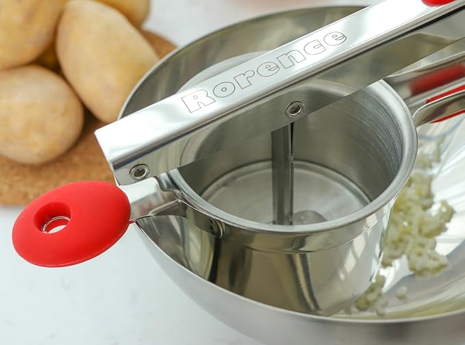 Rorence Stainless Steel Potato Ricer: 15 Oz Potato Masher with 3 Interchangeable Discs & Inner Cup & Silicone Grip Handles - Red