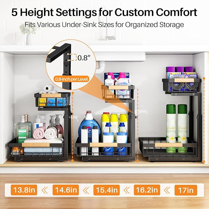PXRACK Under Sink Organizer, Adjustable Height, 2 Tier Pull Out Under Cabinet Organizer, Slide Out Thickened Metal Under Sink Storage for Kitchen Bathroom Laundry Pantry Cabinet, Black, Large-1-Pack