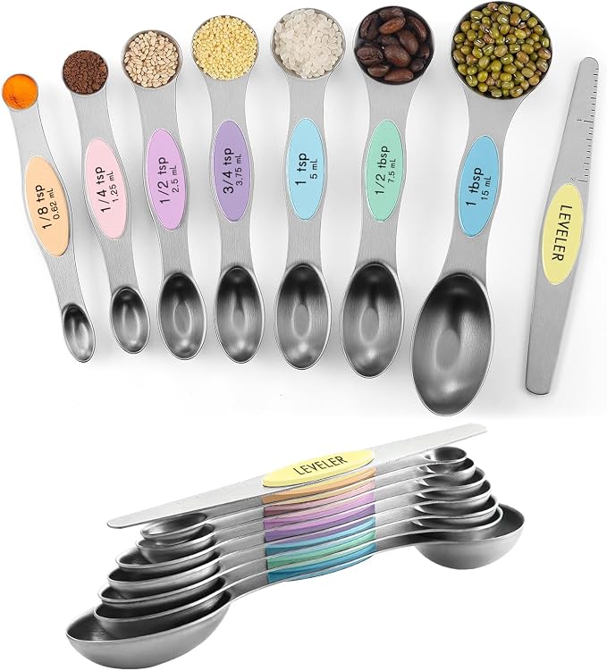 ChefAide Pack of 8 Stainless Steel Magnetic Measuring Spoons Set, Dual Sided, Stackable, Adjustable Teaspoon and Tablespoon Measure Spoon with Leveler, Kitchen Gadgets