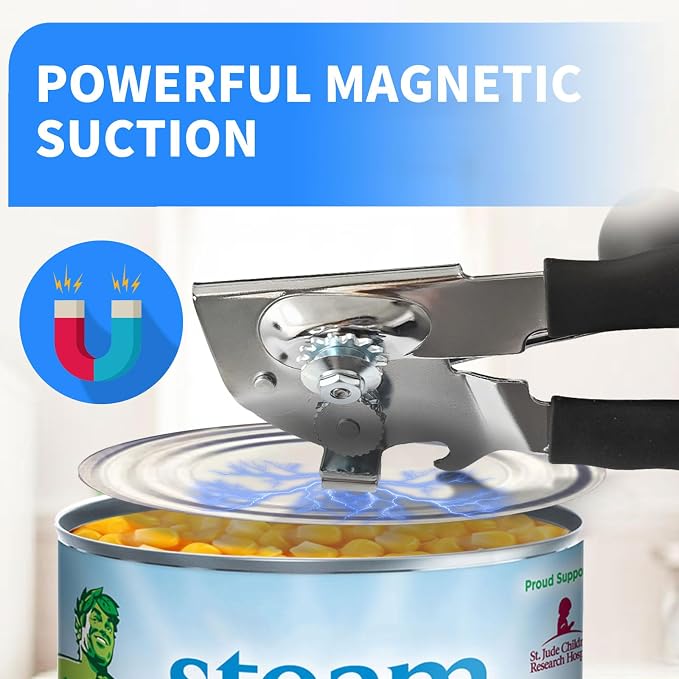 Effortless Manual Can Opener for Seniors, Arthritis & Weak Hands, Magnetic Lid Lifter, Smooth Safe Edges, Extra Long Non-Slip Stainless Steel Handle for Kitchen & Camping