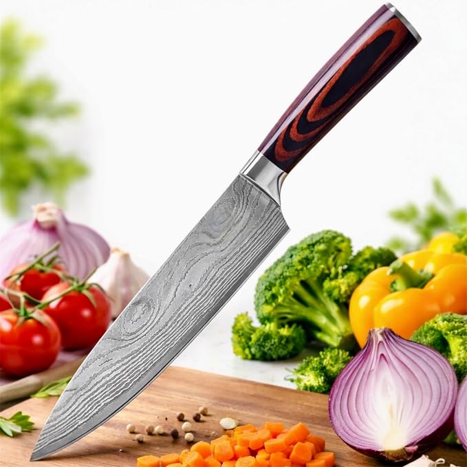 8in Japanese Chef Knife, High Carbon Stainless Steel Kitchen Knife | Razor-sharp Damascus blade for meat, vegetables & garnishes. Ergonomic grip. Professional quality for home cooks.