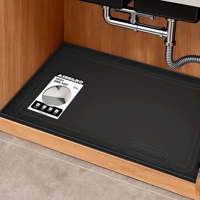 Under Sink Mat 34" X 22", Waterproof Silicone Cabinet Kitchen Liner, Black | BPA-Free Raised-Edge Cabinet Protector & Leak Tray for Bathroom Cabinets, Boots, Pet Feeding Dog & Cat Mats, Dishwasher Safe