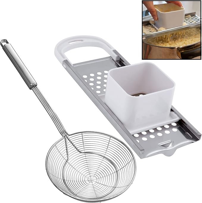 Premium Grade Stainless Steel Spaetzle Maker with Safety Pusher, Stainless Steel Spider Strainer Skimmer Spoon Pasta Strainer, Homemade Traditional German Egg Noodle Dumpling Making Tool Set
