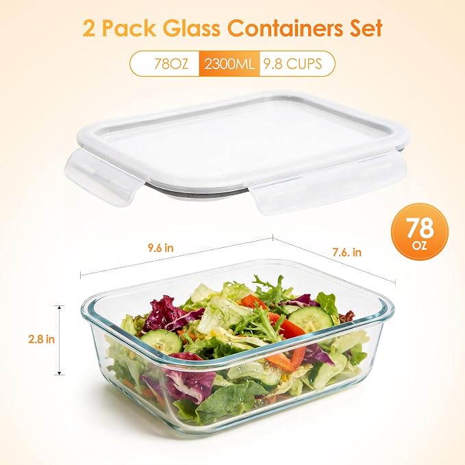 2 Pack 78oz/9.8 CUPS Large Glass Storage Containers with Lids | Meal Prep Food Container Set, Airtight Leakproof Snap Lids, For Family Meal Prep, Baking