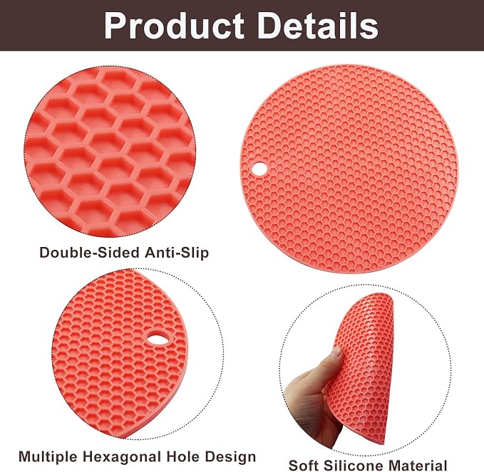 4 Pack Round Silicone Trivet Mats, Red | Heat Resistant, For Pots, Bowls, and Countertops