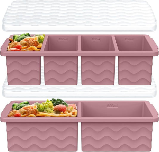 Silicone Freezer Molds for Soup with Lid, 1-Cup & 2-Cup Large Ice Cube Trays Food Storage Containers for Meal Prep, Freeze 500mL/250mL/125mL Portions – 2 Pack