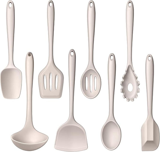 LIANYU Non-Toxic Silicone Kitchen Utensils Set, 8 Piece Non-Scratch Cooking Spoons & Spatulas, Stainless Steel Core, Heat Resistant & Dishwasher Safe, Khaki