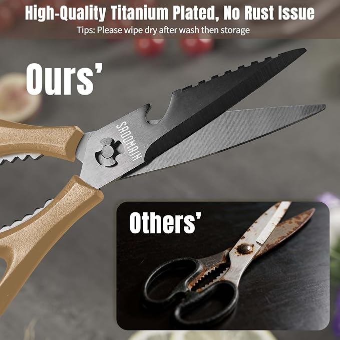 Kitchen Scissors All Purpose, Extra Sharp Kitchen Shears with Knife Sharpener & Sheath, Solid & Durable Stainless Steel Scissors with ANTI-RUST Black Titanium Plated, Dishwasher Safe - Brown
