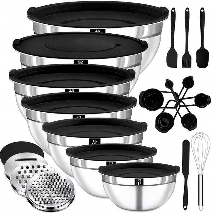 21PCS Mixing Bowls with Lids Set - 7 Nesting Mixing Bowls, 3 Graters, 11 Baking Tools, Lids, Stainless Steel Mixing Bowls for Mixing & Baking, Size 0.7/1.1/1.5/2.1/3.5/4/4.5 QT, Black