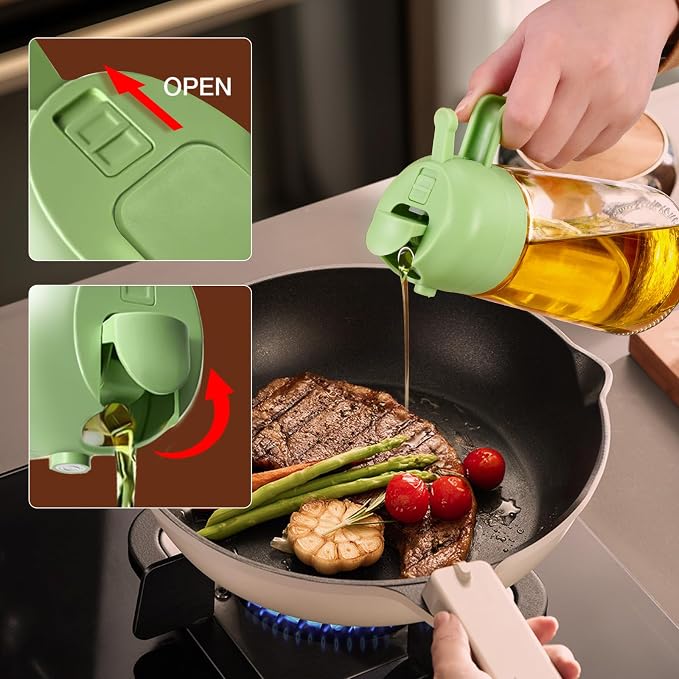 YARRAMATE Olive Oil Dispenser, 2 in 1 Oil Sprayer for Cooking, 16oz/470ml Glass Oil Spray Bottle with Pourer, Food-grade Oil Dispenser and Oil Sprayer for Kitchen, Salad, Frying, BBQ (Black & Green) | Food-grade dispenser bottle, 470 ml, spray and pour...