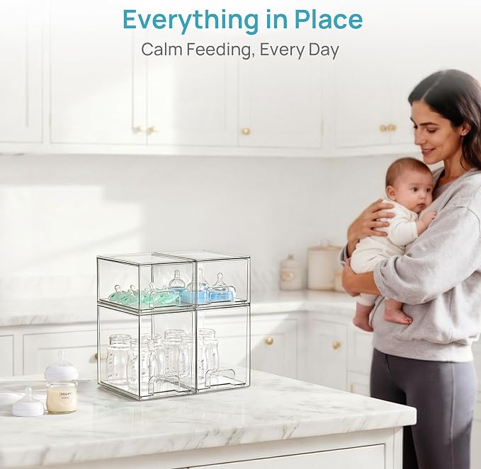 Vtopmart Clear Stackable Storage Drawers Set of 4, Baby Bottle Organizer | Multi-purpose Plastic Boxes Ideal for Kichen Countertop, Vanity, Bathroom, Cabinet, Pantry Organization
