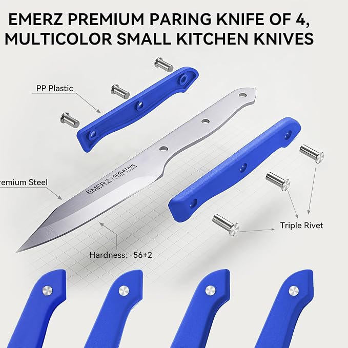 Paring Knives Set of 4,Stainless Steel Paring Knife,Ergonomic PP Triple Rivet Handle,3.5inch,Sharp Small Knife Set for Peeling Coring Cutting,Pairing Knives for Fruit,Blue