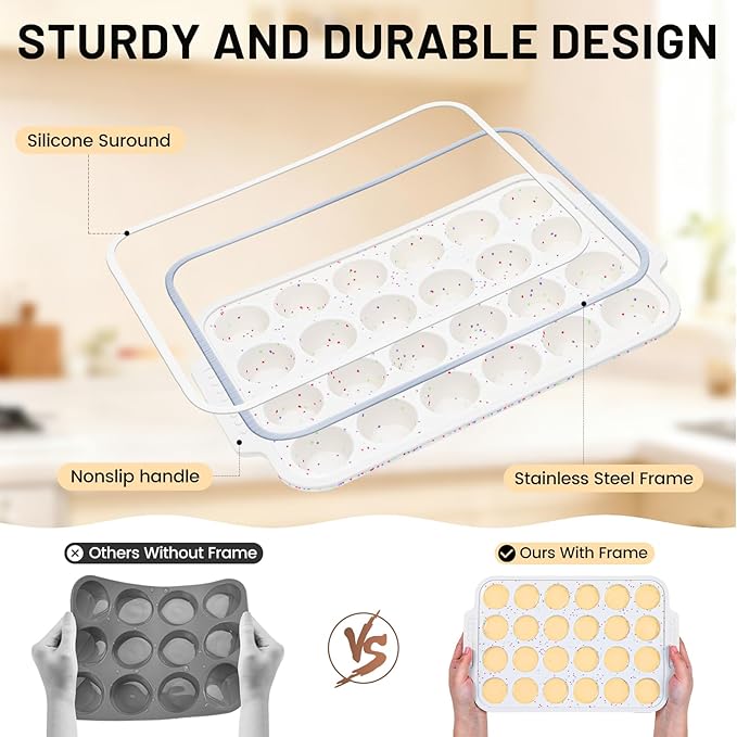 Vinino Silicone Mini Muffin Pan for Baking with Reinforced Frame, BPA Free | 24 Cup Mini Cupcake Pan with Non-Slip Handle, 2-Pack Nonstick Food Grade Silicone Muffin Tray for Oven, Dishwasher Safe
