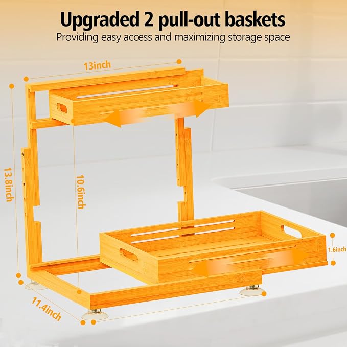 Under Sink Organizer, Premium Bamboo Wood Pull Out Cabinet Organizer, 2 Tier Slide Out Sink Shelf Cabinet Storage Shelves, Under Sink Storage for Kitchen Bathroom Cabinet