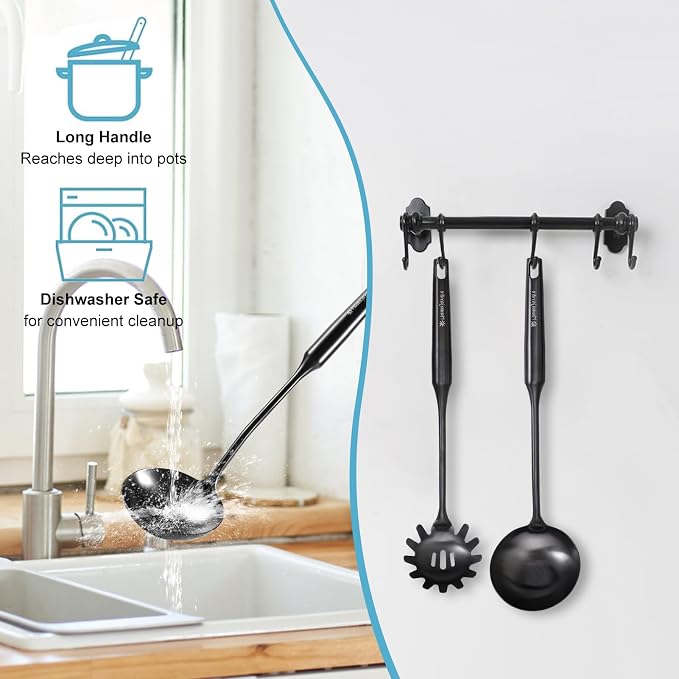 Stainless Steel Ladle - 13.8" Large Metal Ladel，Perfect Gifts | Durable Kitchen Soup Ladle for Cooking, Serving, Stirring, Canning，Sauce, Wok & Soup，Black,