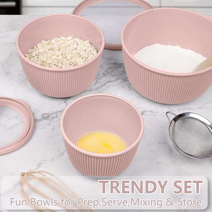 BoxedHome 4.97 Quarts Mixing Bowls with Lids Set, 4 Packs BPA-Free Plastic Prep Bowls for Kitchen, Dishwasher & Microwave Safe, Pink