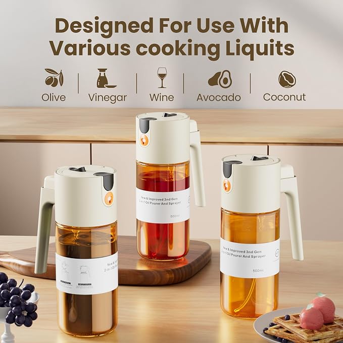 LAKUMIQI 2 in 1 Oil Sprayer for Cooking, 17oz | Light-Blocking Glass Spray Bottle with Stickers, Oil Dispenser for Salad, Air Fryer & BBQ