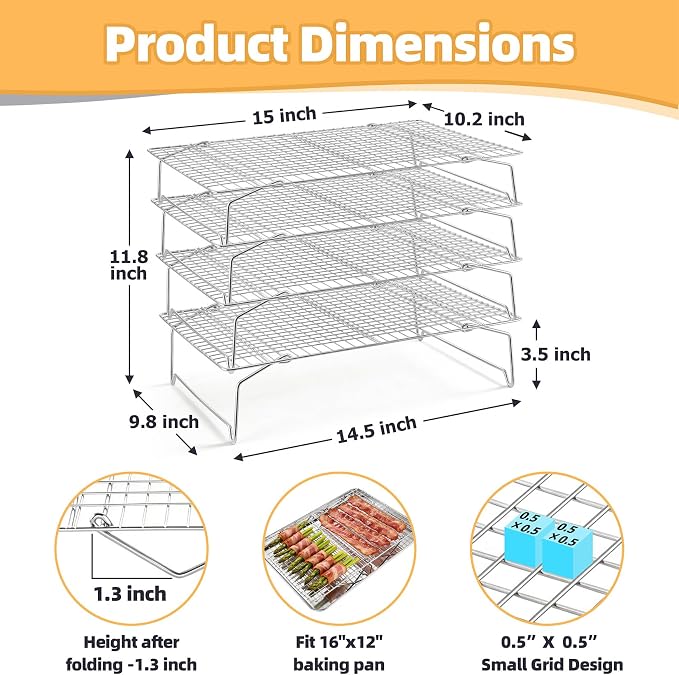 P&P CHEF 4 Tier Stackable Cooling Racks for Cooking and Baking, 15" x 10" | Stainless Steel Stackable Grid Cooling Rack for Cooling Roasting Grilling, Collapsible & Heavy Duty, Oven & Dishwasher Safe