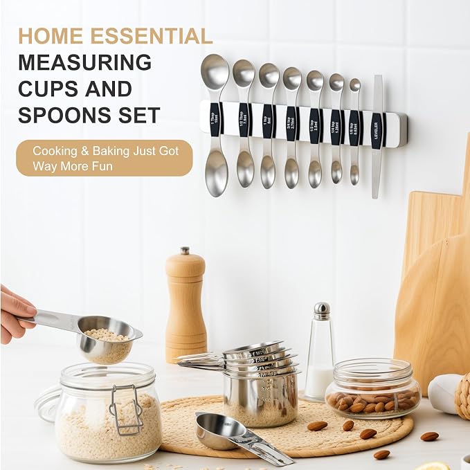 Stainless Steel Measuring Cups & Spoons Set, EWFEN Kitchen Tools Nesting Measuring Cups and Spoons, Fits in Spice Jars for Baking & Cooking, BPA Free, Set of 15 with Leveler, Black