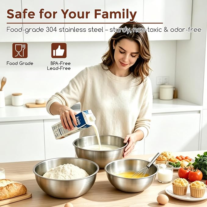Gronivex Stainless Steel Mixing Bowls Set, 3-Piece (1.5, 2.2 & 3.4 Qt) | Food-Grade Metal, Dishwasher safe，Stackable Nesting & Space-Saving – For Kitchen Baking, Salads, Meal Prep, RV & Camping