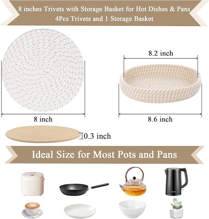 SHACOS 8 Inches Trivets for Hot Dishes, 4 Pieces Cotton Trivets Mats for Kitchen with Storage Basket, Hot Pads for Countertops and Table, Heat-Resistant Pot Holders for Hot Pots and Pans