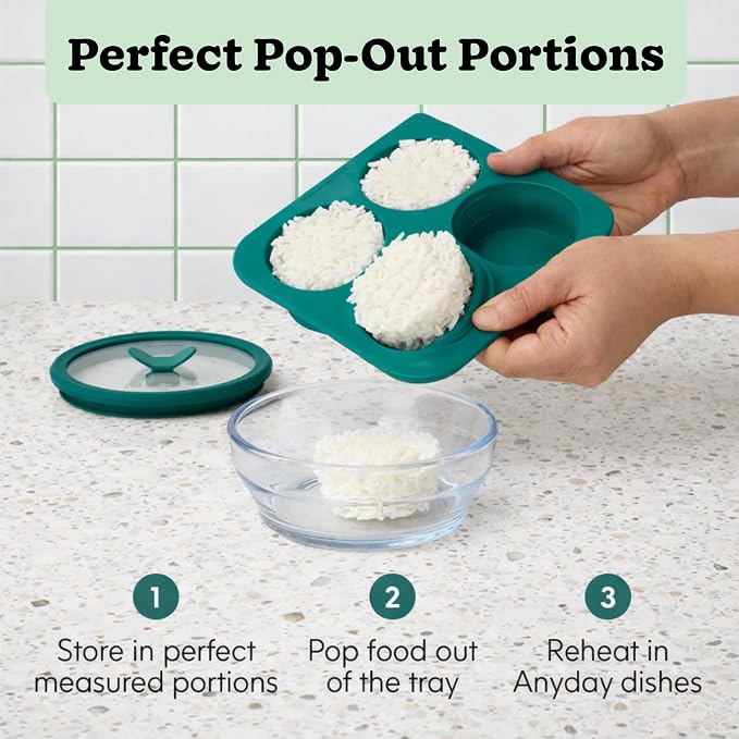 Anyday 1/2-Cup Silicone Freezer Tray with Silicone Lid for Food Storage, Rice, Stock, Leftovers | Plastic-Free Freezer Container | Soup Molds for Meal Prep Portions | 4 Oz / 125mL Freezing Tray