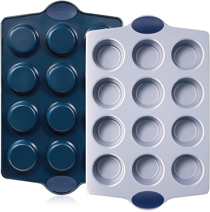 BRONYPRO Ceramic Muffin Pan, 12-Cup Nonstick Aluminized Steel Cupcake Pans, Healthy Non-Toxic Ceramic Coating Muffin tin, 2 Pack Cup Cake Pans for Baking Blue