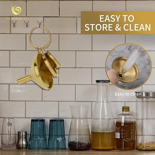 Snailhouse Small Funnels, 3 Pack Stainless Steel Mini Metal Food Funnel with Cleaning Brush Set for Filling Bottles Kitchen Use, Gold (1.78/2.16/2.95 in)