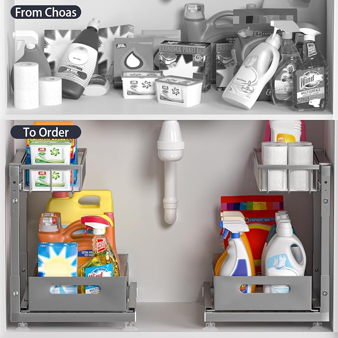 L-Shaped Under Sink Organizer, 2-Tier Pull-out Cabinet Rack 1-Pack | Grey Height-Adjustable Steel Rack, Sliding Grid Drawers with PP Liners, Holds 100 Lbs, Suction Base, Ideal Kitchen Storage