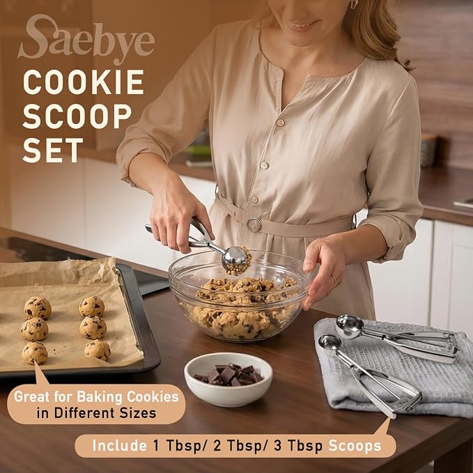 Saebye Cookie Scoop Set, Cookie Scoops for Baking Set of 3, Cookie Dough Scoop, 1 Tbsp/ 2 Tbsp/ 3 Tbsp, Melon Baller Scoop, Ice Cream Scoop with Trigger, for Cookie Cupcake Muffin Ice Cream Truffles