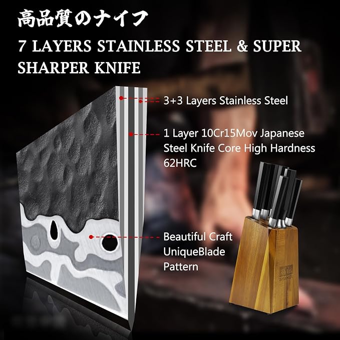 SHAN ZU 7-Piece Japanese Knife Set - 7 Layers 10Cr15MoV High Carbon Steel Kitchen Knifes Set with Block and Sharpener,Ultra-Sharp Chef Knife Set with G10 Handle