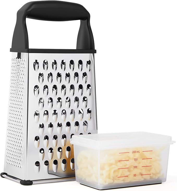 Professional Box Cheese Grater with Container & Handle – Durable Stainless Steel Cheese Shredder for Kitchen, Multi-Sided Food Chopper for Kitchen Use – Black