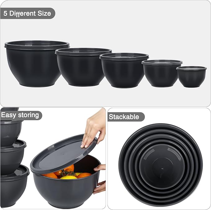Greentainer Plastic Mixing Bowls with Lids Set for Kitchen, 5 Set Nesting Bowls for Mixing, Baking, Prepping, Cooking and Serving Food, Mixing Bowls Dishwasher, Microwave Safe