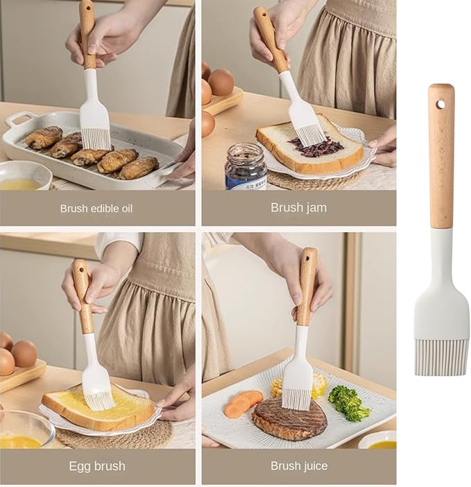 2Pcs Silicone Oil Brush with Wooden Handle,Durable Basting Brush Pastry Brush,Easy to Clean,White Food Brushes for Cooking Baking Grilling
