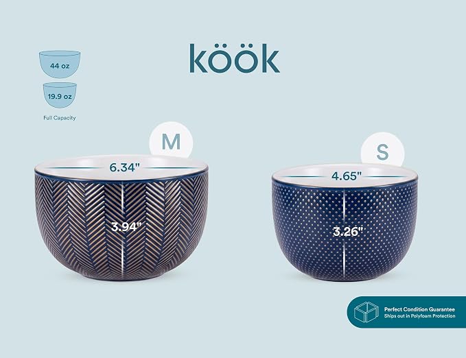 Kook Ceramic Nesting Bowls, Embossed Kitchen Bowls, For Prep, Mixing and Serving, Microwave and Dishwasher Safe, Midnight Blue with Burnt Copper Accents, 20/44/98/145 oz, Set of 4, Narbonne Collection