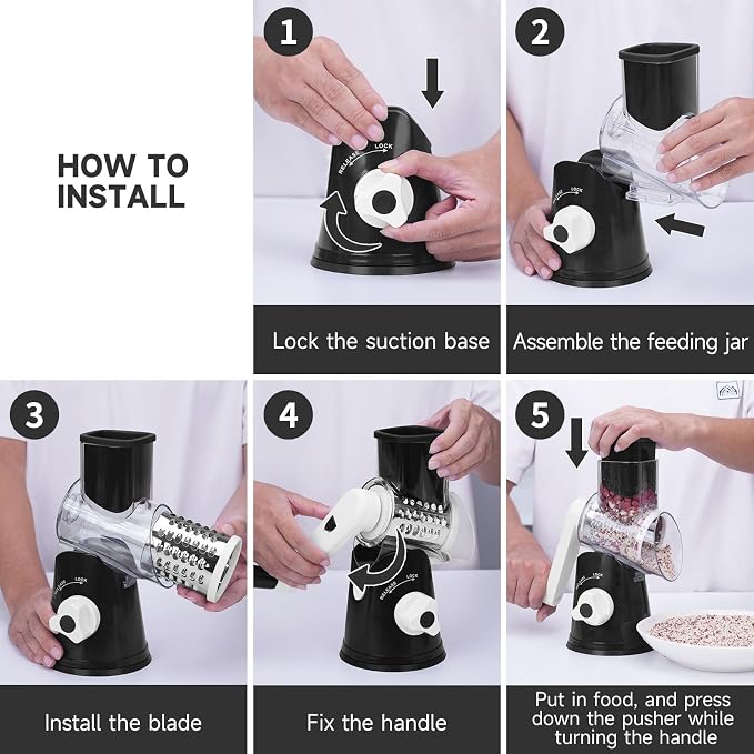 Rotary Cheese Grater with Handle, Kitchen Mandoline Vegetable Slicer with 3 Interchangeable Blades & Strong Suction Base, Easy to Clean Grater for Vegetables, Fruit, Nuts, Black