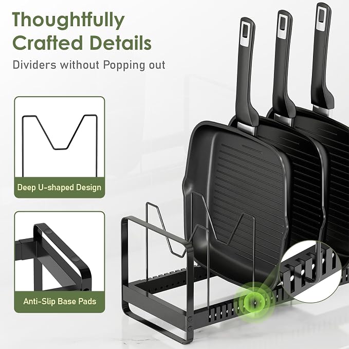 MUDEELA Expandable Pot Pan Lid Organizers inside Cabinet, 12 Divider-Black | Expandable 14.2-22.8", 12 Adjustable Divider, Easy Assembly, Non-Slip, For Pan Lids, Cutting Boards, Bakeware & Cookie Sheets